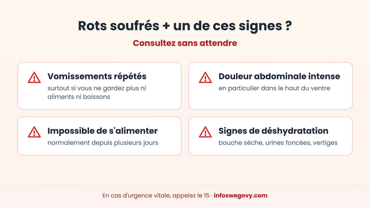 rots soufrés glp-1 : les 4 signes qui imposent de consulter - vomissements, douleur abdominale, impossibilité de s'alimenter, déshydratation
