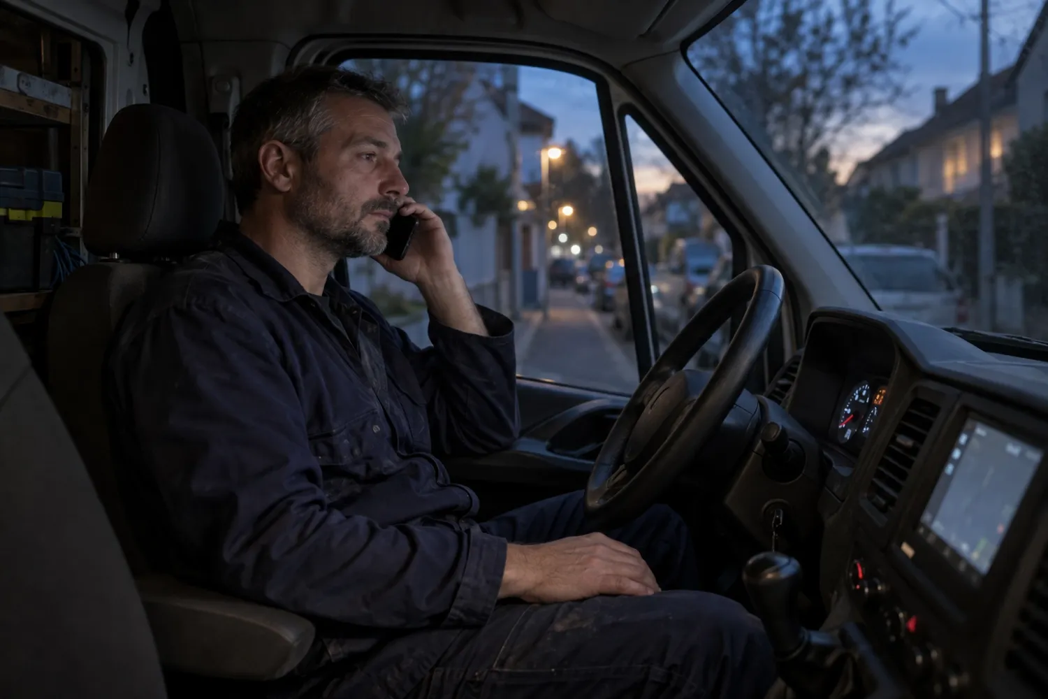 Un artisan qui rappelle ses clients le soir depuis son fourgon