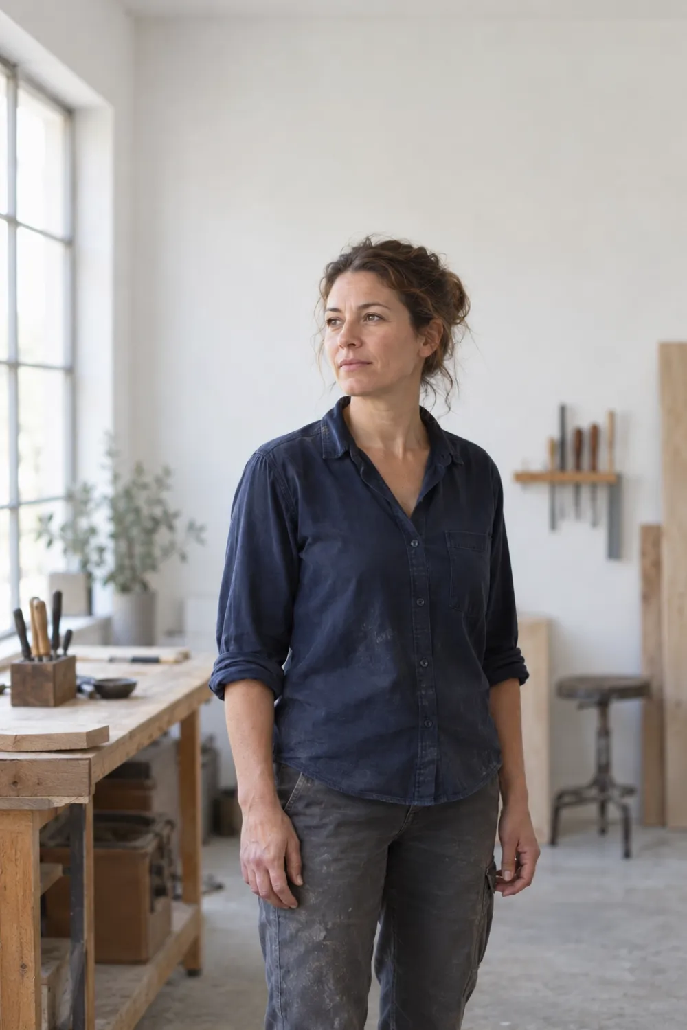 Une artisane dans son atelier, sereine, le téléphone géré par son standard