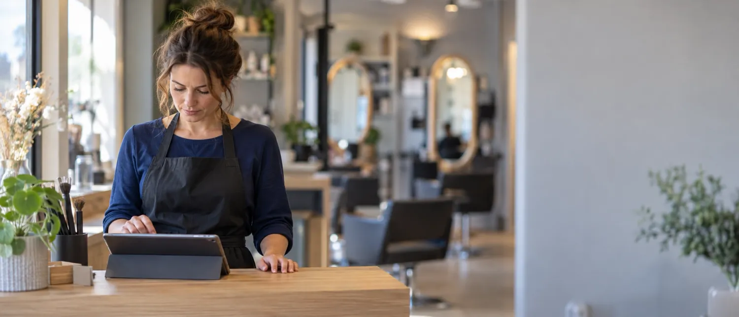 Une gérante de salon de coiffure consulte son agenda sur une tablette, à son comptoir d'accueil