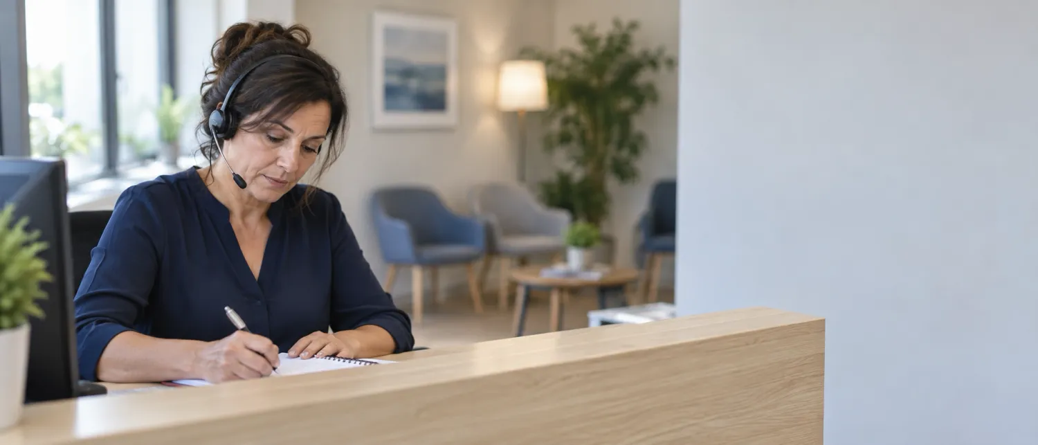 Une secrétaire avec un casque téléphonique prend des notes au comptoir d'accueil d'un cabinet