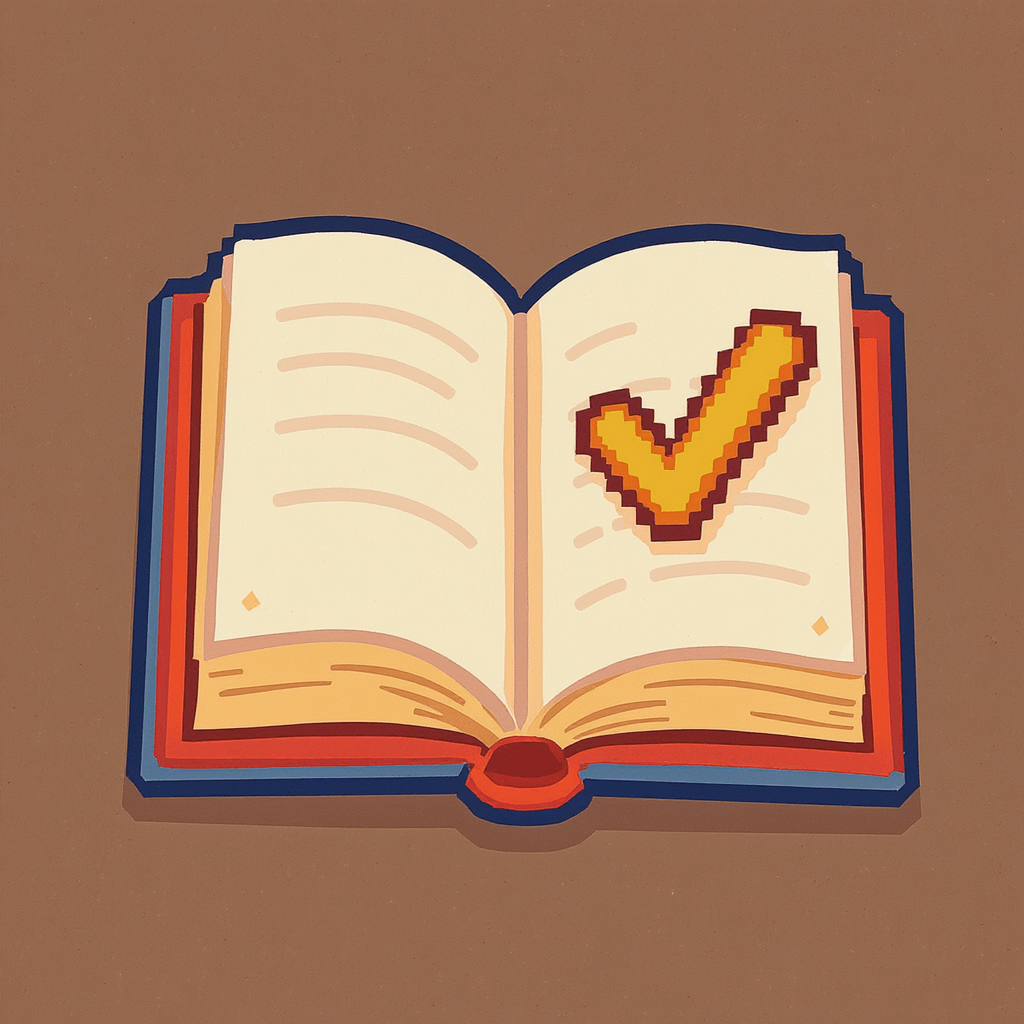 cartoon open book with a tick symbol, representing clear and simple AI explanations for beginners without jargon