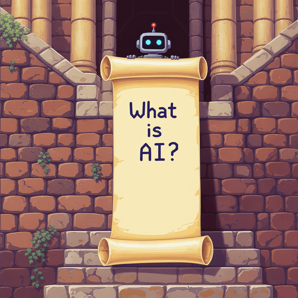 Cartoon robot holding a scroll that reads “What is AI?”, representing Simplify AI’s mission to explain artificial intelligence clearly for beginners, side hustlers, and small businesses