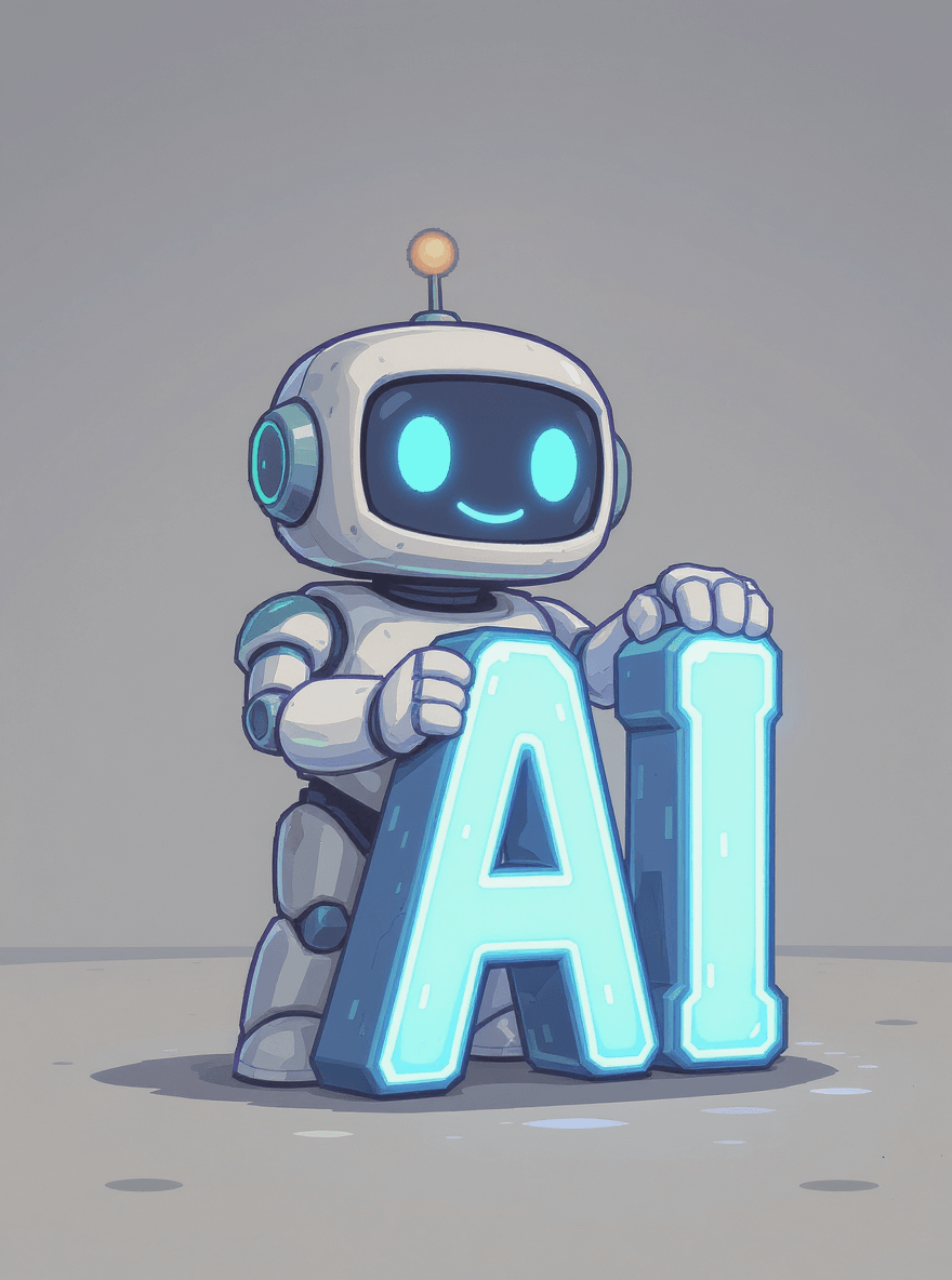 Cartoon robot holding giant letters spelling AI, representing Simplify AI’s easy-to-follow guides, tools, and practical tips for learning artificial intelligence without jargon