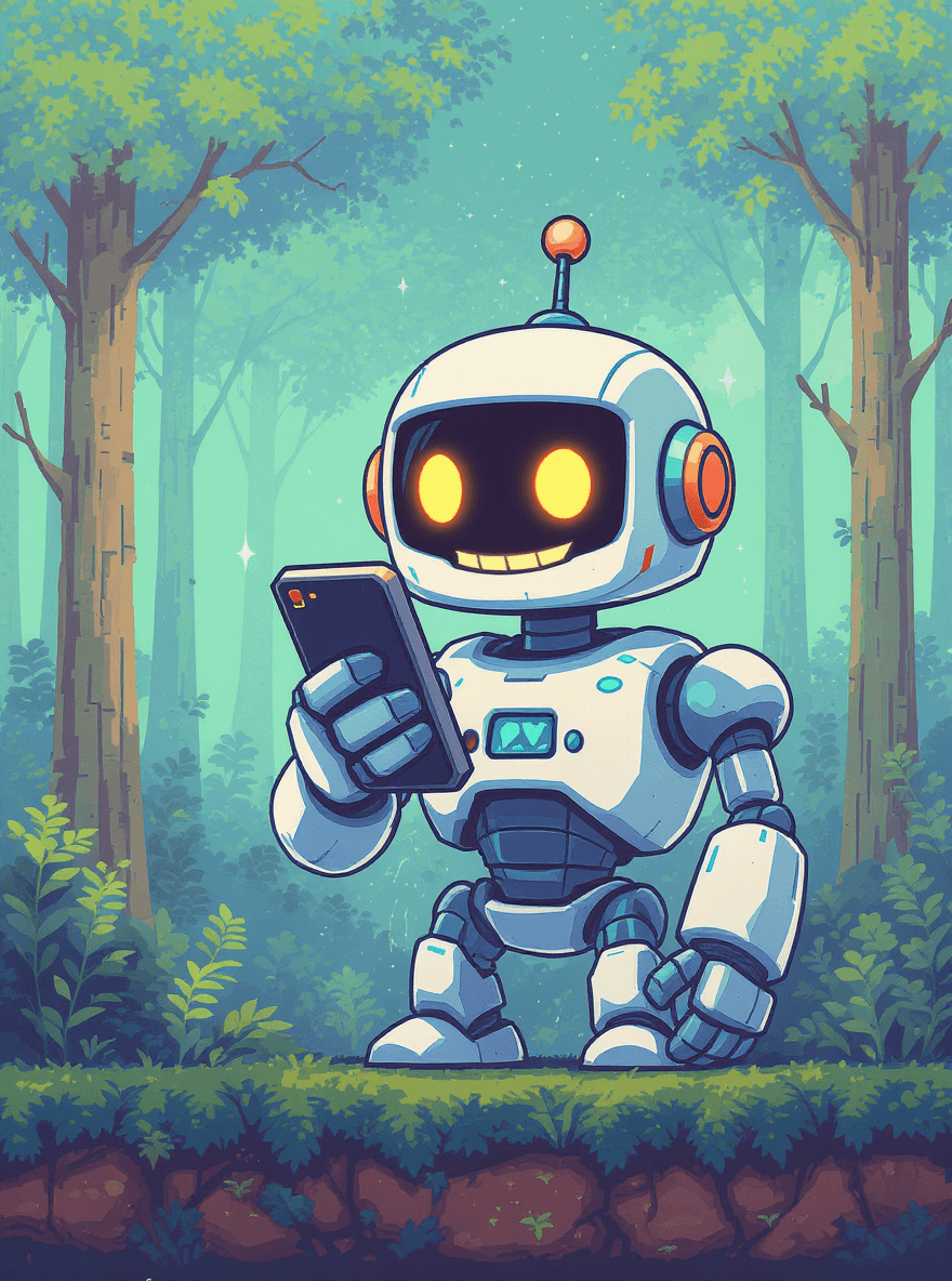 Cartoon robot holding a smartphone in a forest background, symbolising the Simplify AI contact page where beginners and small business owners can get support