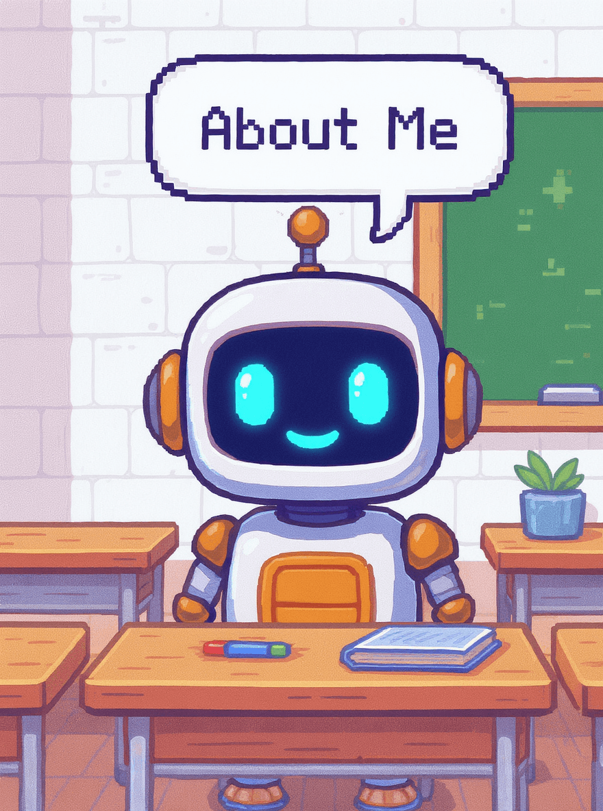Cartoon robot sitting at a school desk with an “About Me” sign, symbolising Simplify AI’s approachable and beginner-friendly style of teaching AI