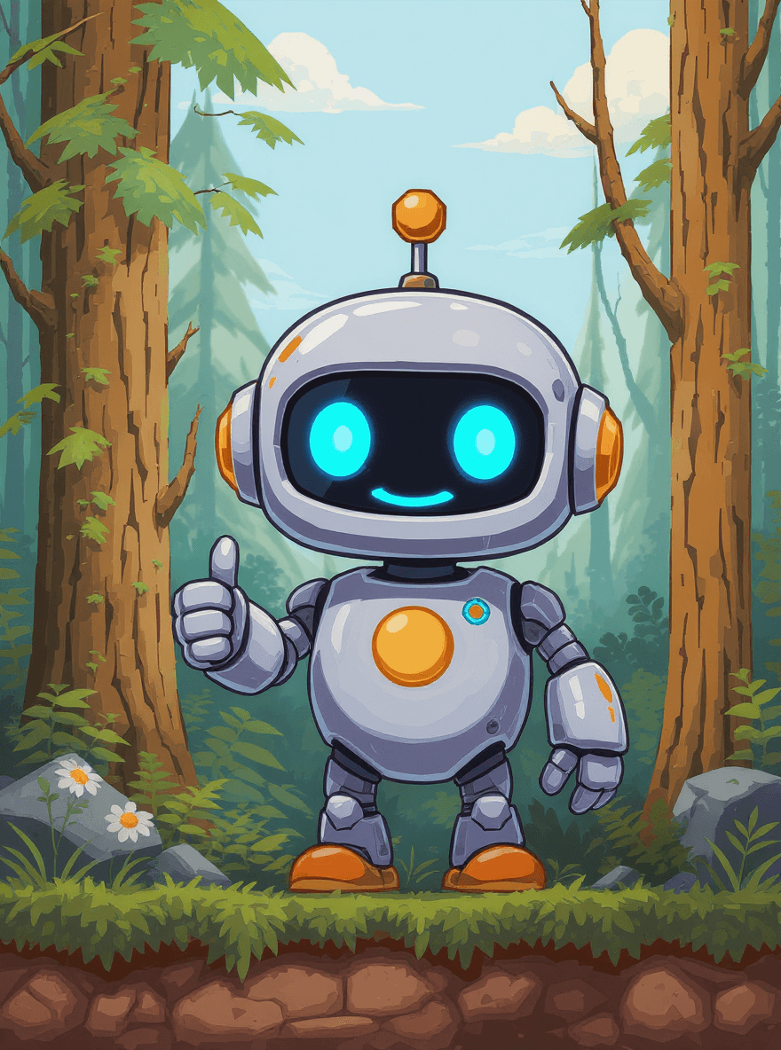 cartoon robot giving thumbs up in a forest background, representing Simplify AI's beginner-friendly approach to understanding AI without jargon