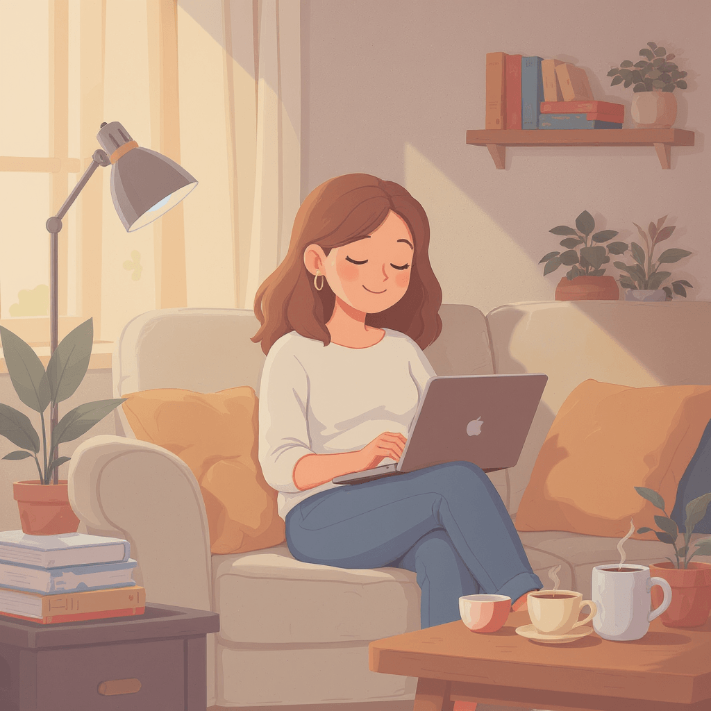 Woman using laptop with coffee showing everyday AI tools and smart assistants