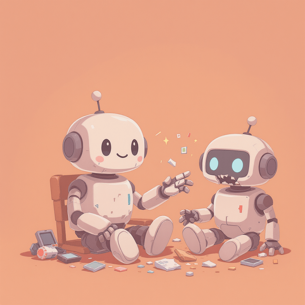 Cartoon robots with tech pieces illustrating AI integration in daily life