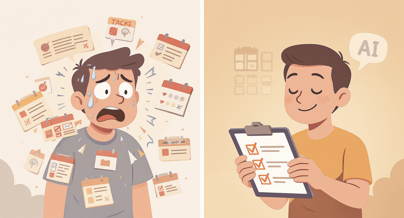 Split screen overwhelmed person vs organised person using AI planning tools