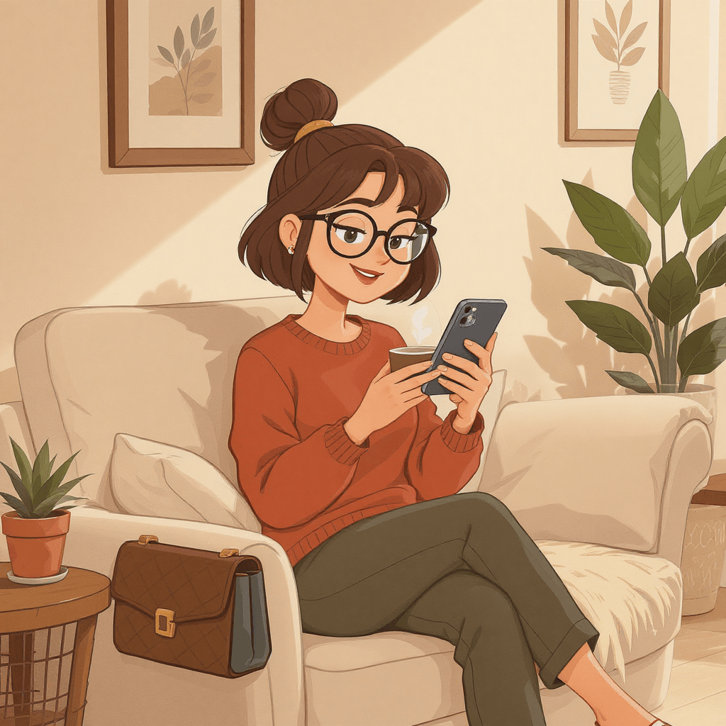 Illustration of a young woman sitting on a sofa using her phone, introducing beginners to AI basics in a casual, friendly style