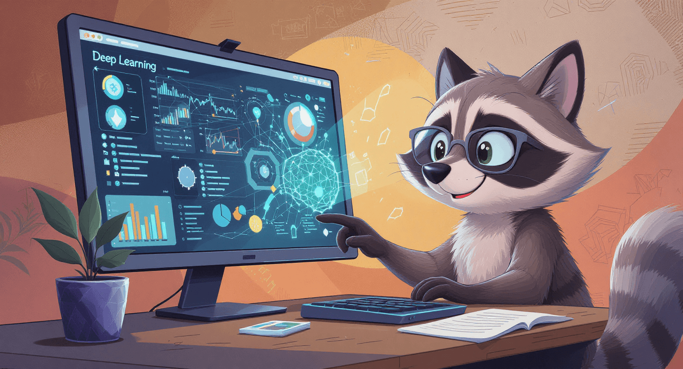 Cartoon raccoon with glasses using a computer showing deep learning data, explaining AI and ChatGPT for beginners.