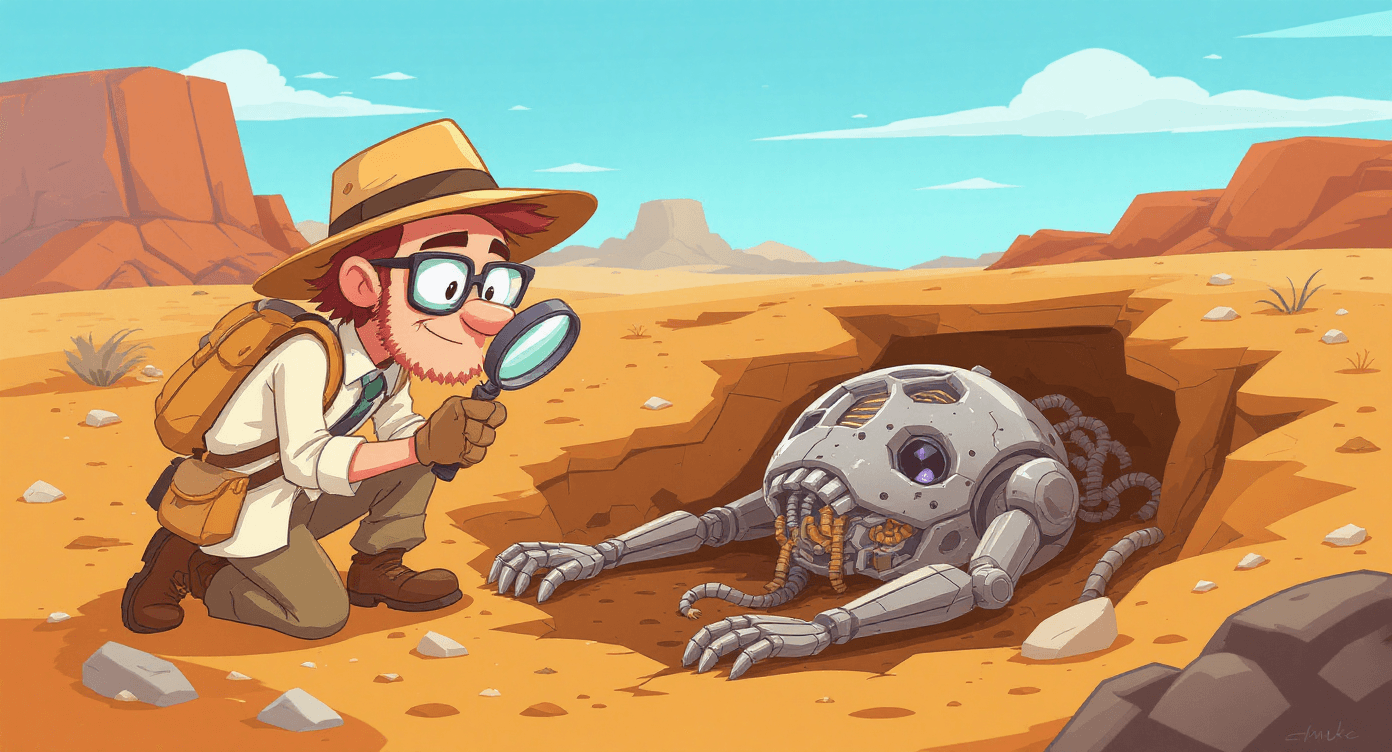 Cartoon explorer discovering a buried robot skull, representing a beginner’s guide to AI history explained simply