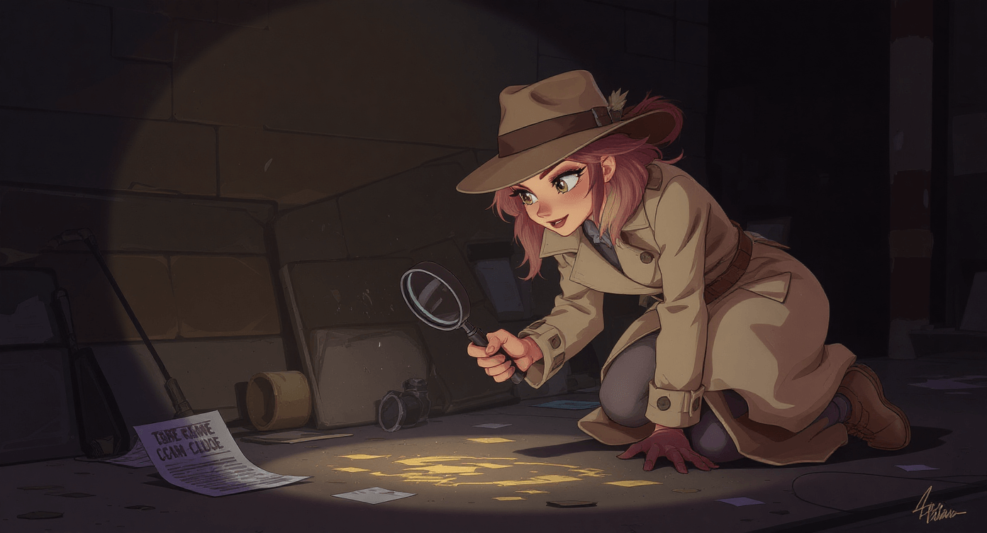 Cartoon detective with magnifying glass searching in the dark, representing unsupervised learning in AI for beginners.