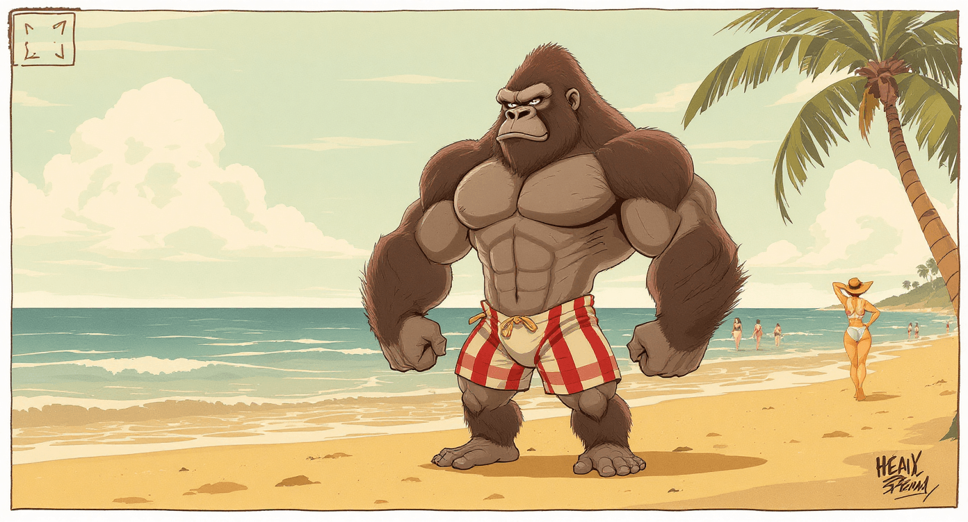 Muscular cartoon gorilla on a beach, symbolising reinforcement learning as trial and error explained in simple terms