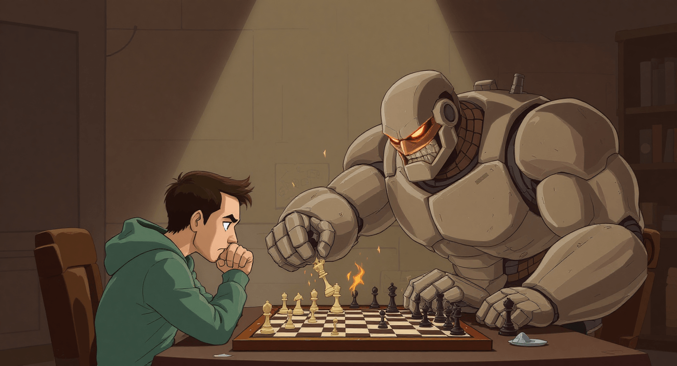 Cartoon robot playing chess against a human, illustrating reinforcement learning in AI explained for beginners.