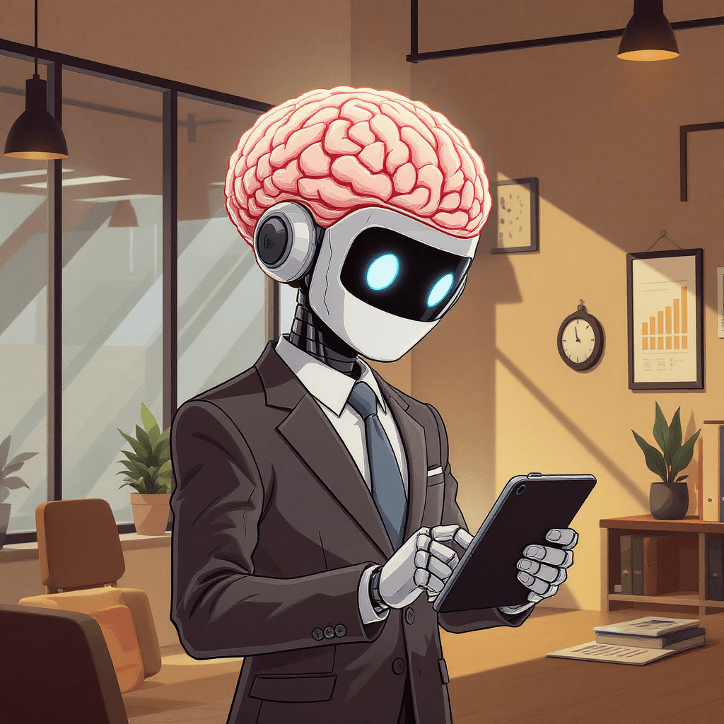 Cartoon brain robot in a suit holding a tablet, symbolising deep learning, CNNs, and transformers explained simply