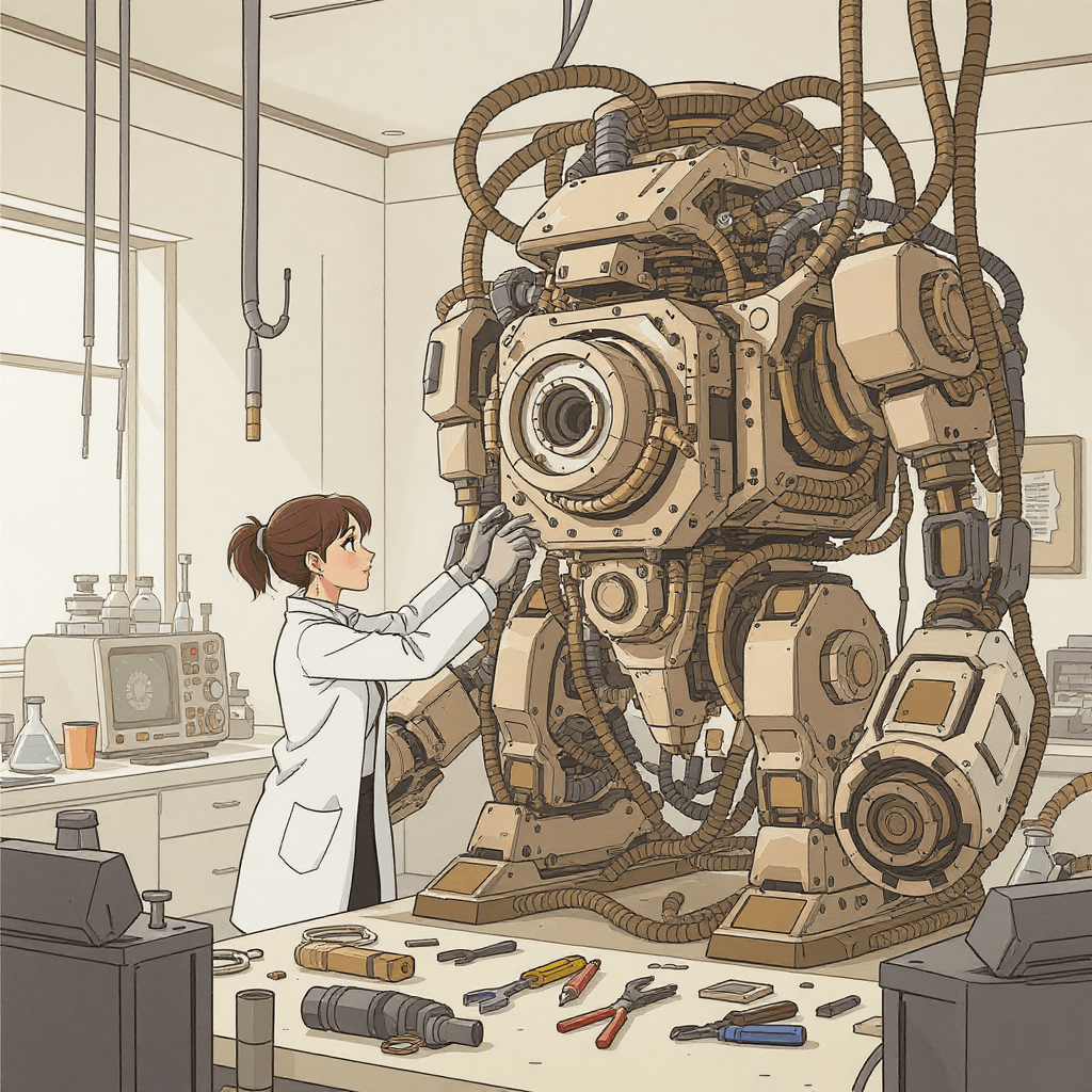 Scientist working on a giant robot, representing the machine learning lifecycle from data collection to model training for beginners.