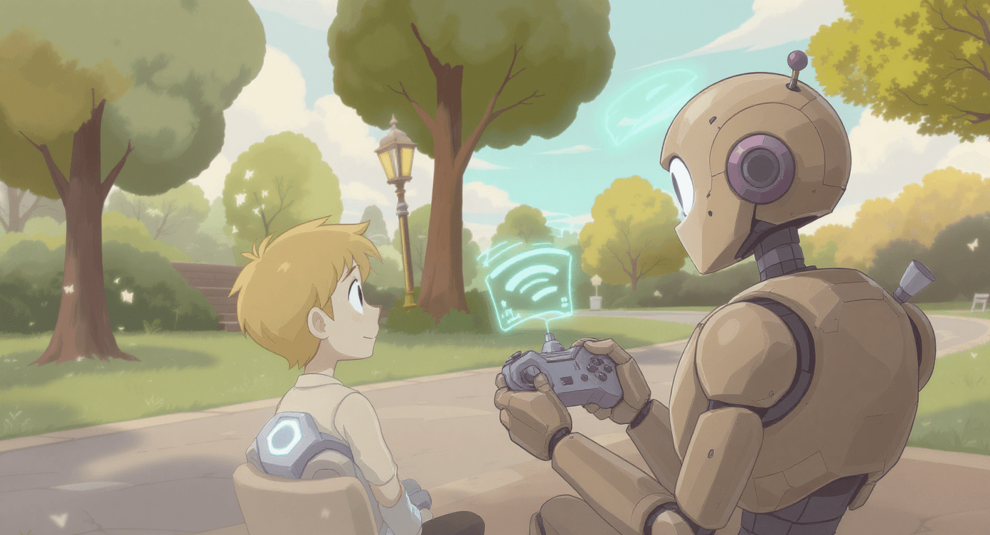 Cartoon child playing video games with a friendly robot, showing real-world AI applications like Spotify, Google Maps, and Amazon.