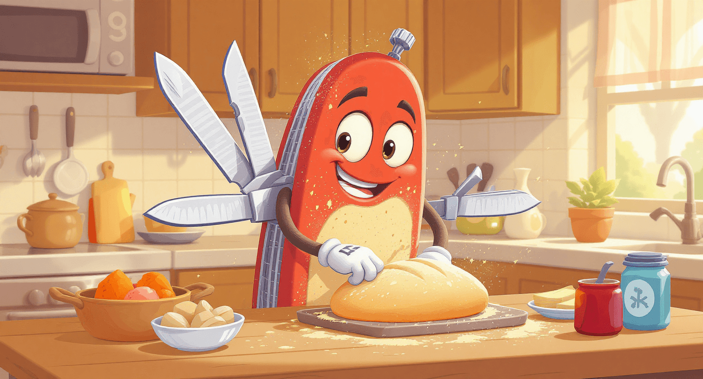 Cartoon Swiss Army knife sausage character kneading dough, symbolising how modern AI tools can handle multiple tasks like text, images, and audio