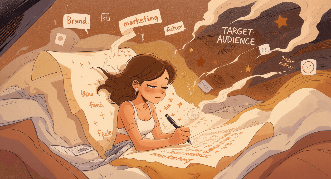 Illustration of a woman dreaming surrounded by words like spam and target audience, representing AI testing, prediction, and generation tasks.