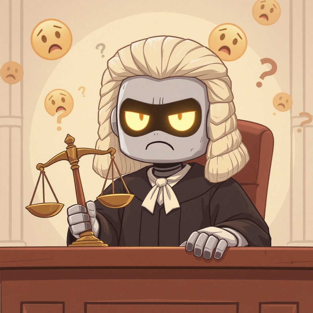 Cartoon judge with wig and scales of justice, symbolising responsible AI, transparency, and fairness in technology for beginners.