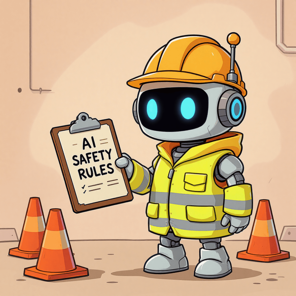 Cartoon robot in construction gear holding AI safety rules clipboard, representing AI risks, privacy, and the need for ethical guidelines.