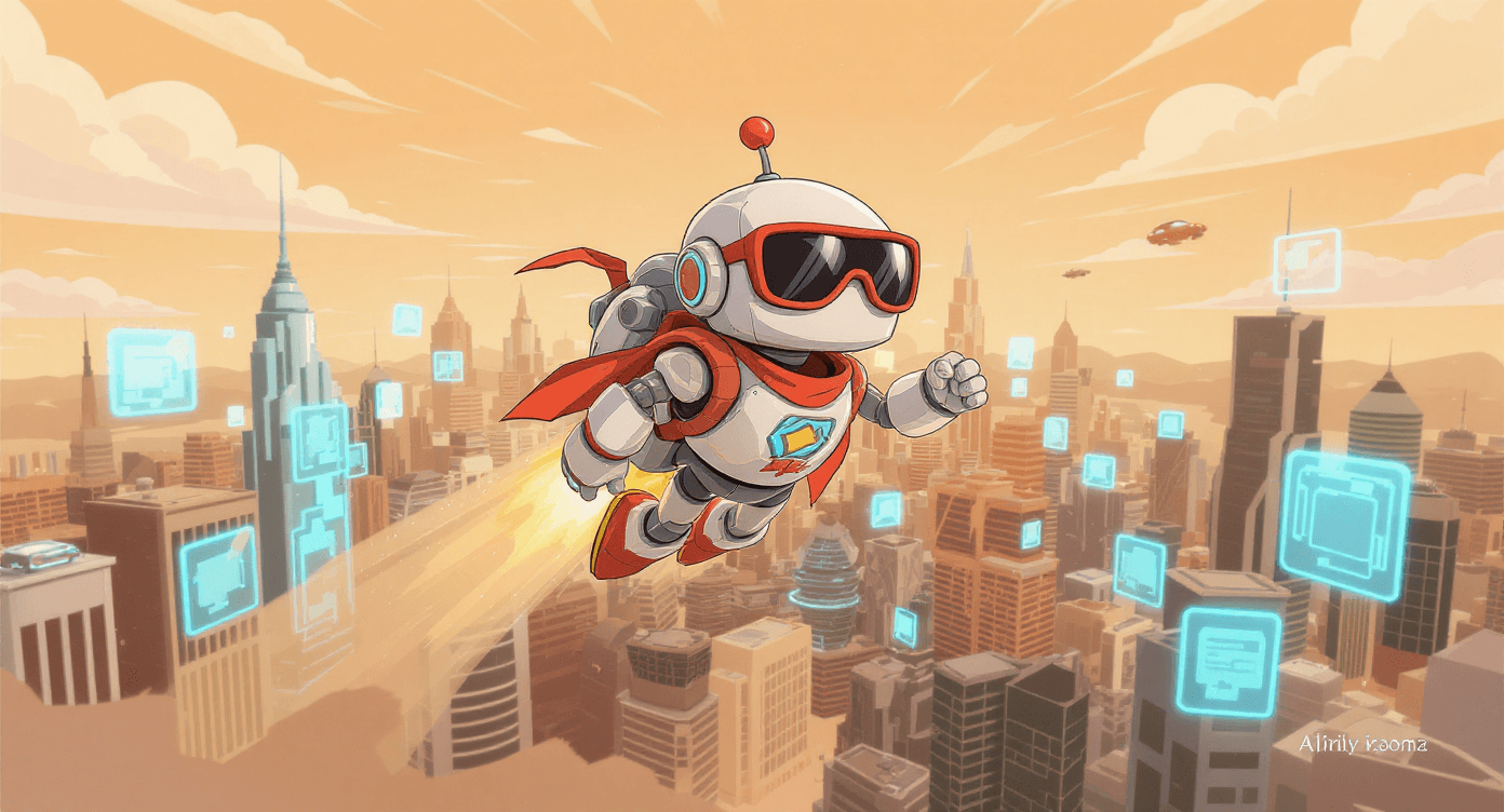 Cartoon robot superhero flying over a futuristic city, symbolising the future of AI and upcoming technology trends explained simply.