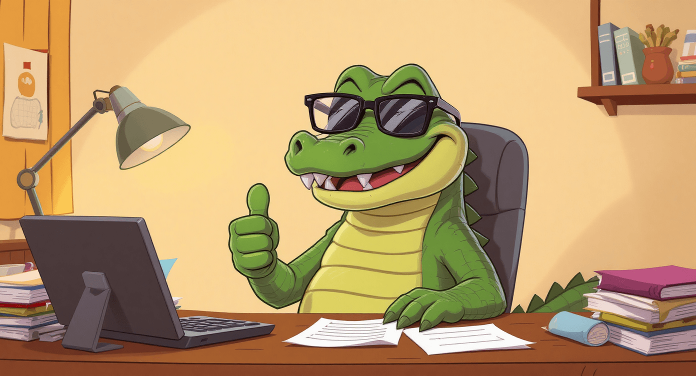 Cartoon crocodile wearing sunglasses giving thumbs up at a desk with a laptop, representing learning AI with confidence and humour for beginners.