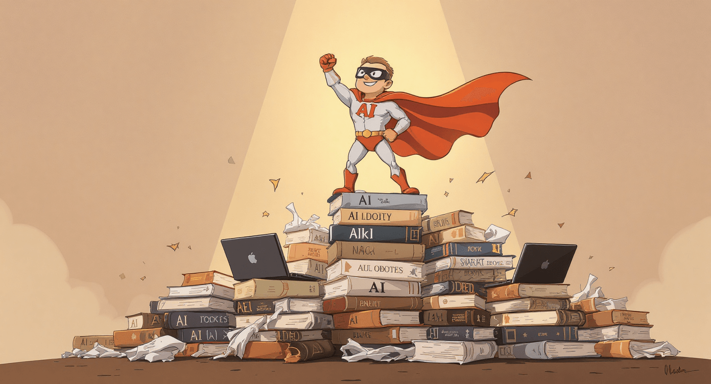 Cartoon superhero standing on a pile of books labelled AI, symbolising how learning prompts and AI basics empowers beginners.