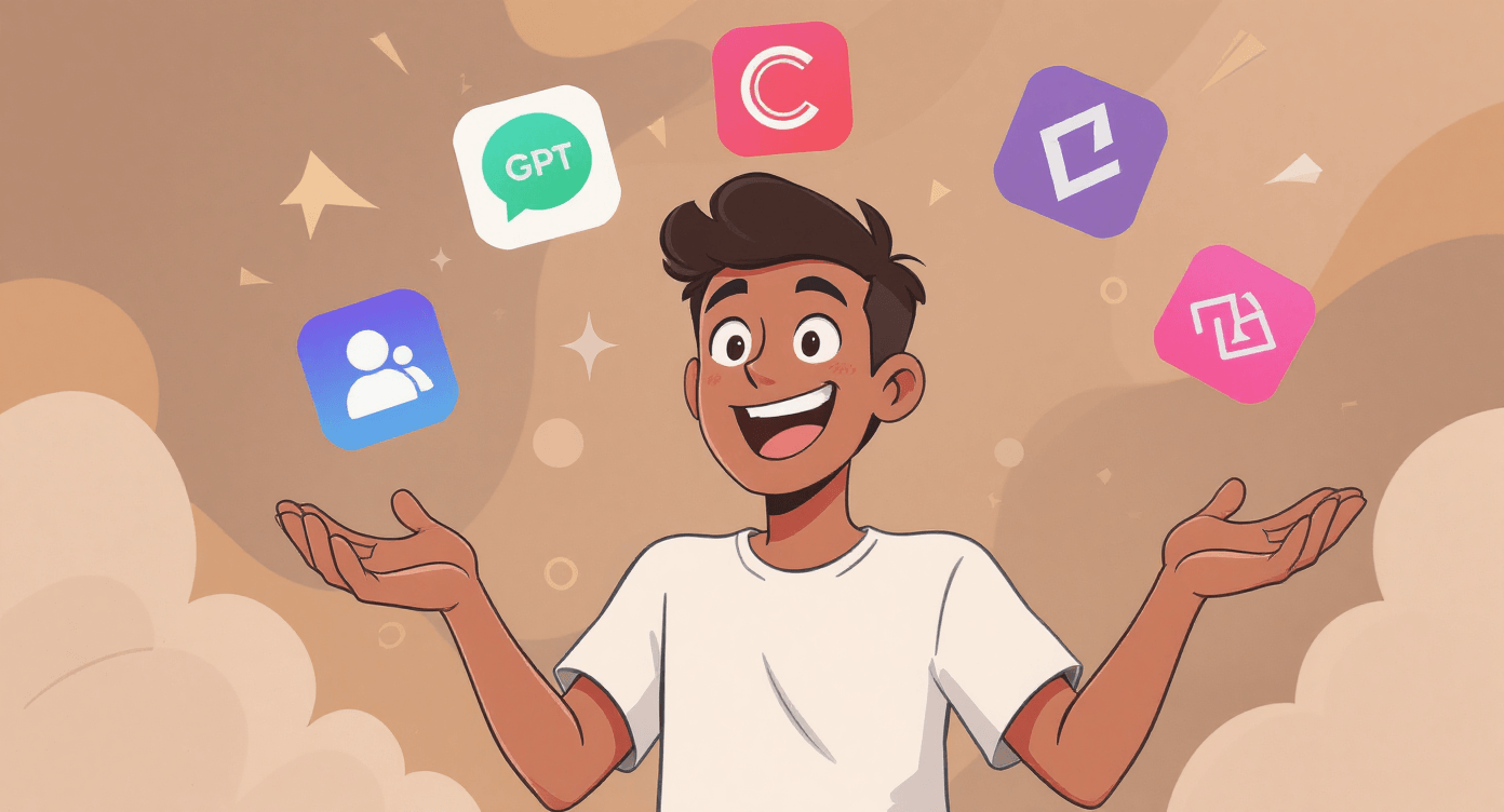 Cartoon man smiling with floating AI tool logos like GPT and Midjourney, representing beginner-friendly AI apps for creativity and productivity.