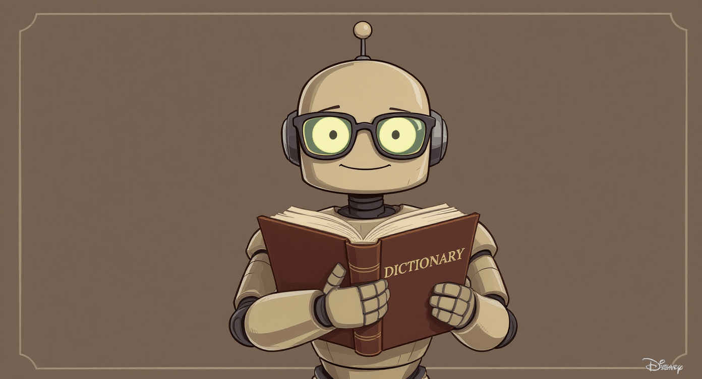 Funny robot with a dictionary upside down, symbolising NLP learning human language.