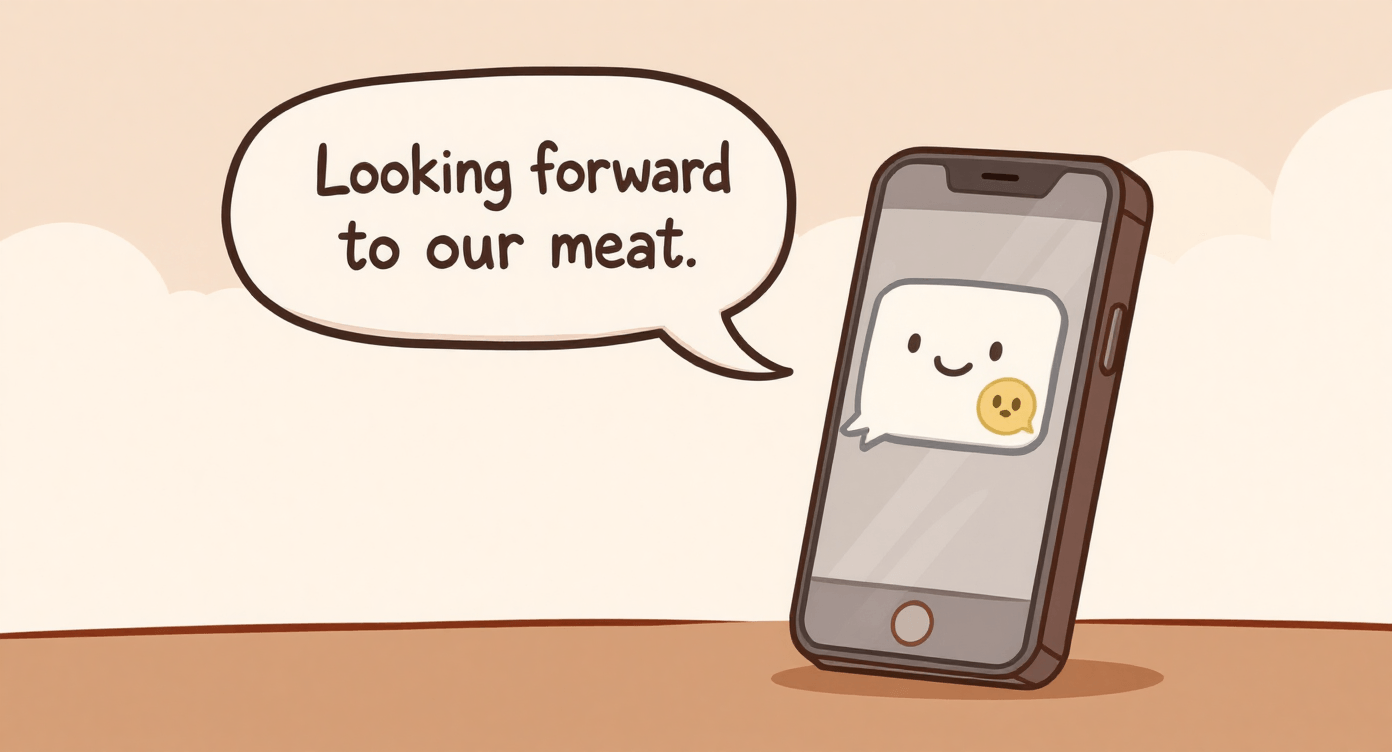 Cartoon autocorrect fail changing meet to meat, showing real-world NLP errors.