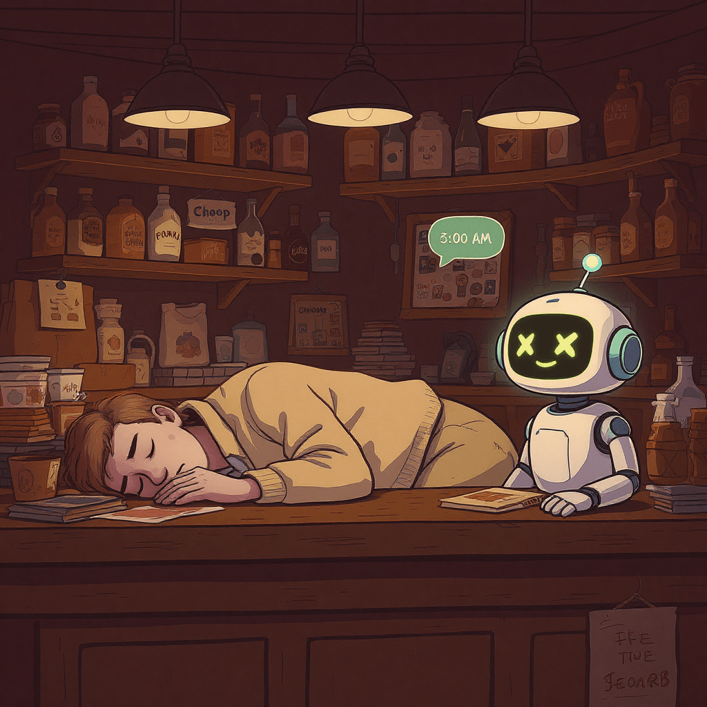 Chatbot answering customers while shop owner sleeps, showing NLP in customer service.
