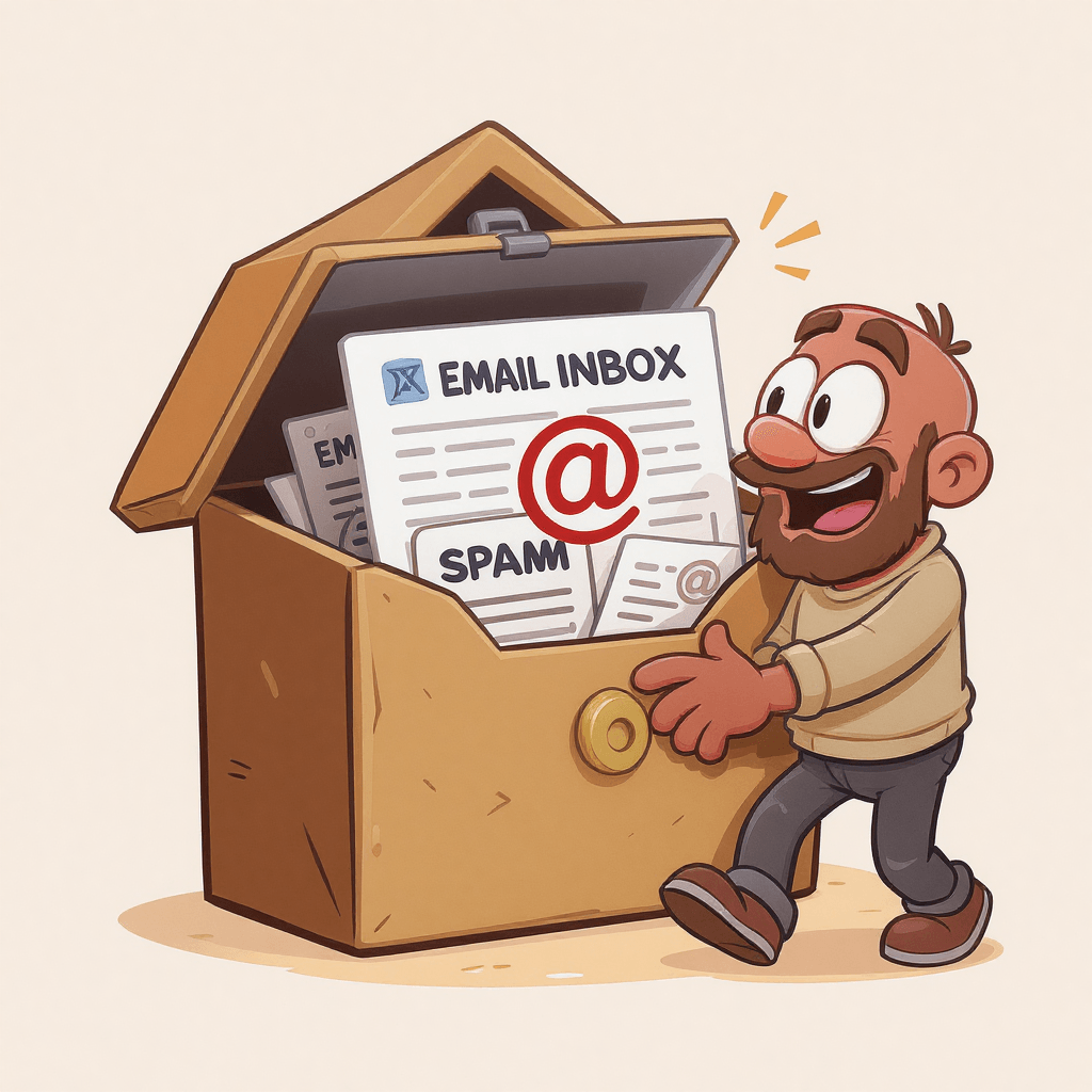Inbox guarded by a cartoon bouncer keeping spam out, showing NLP spam filters.
