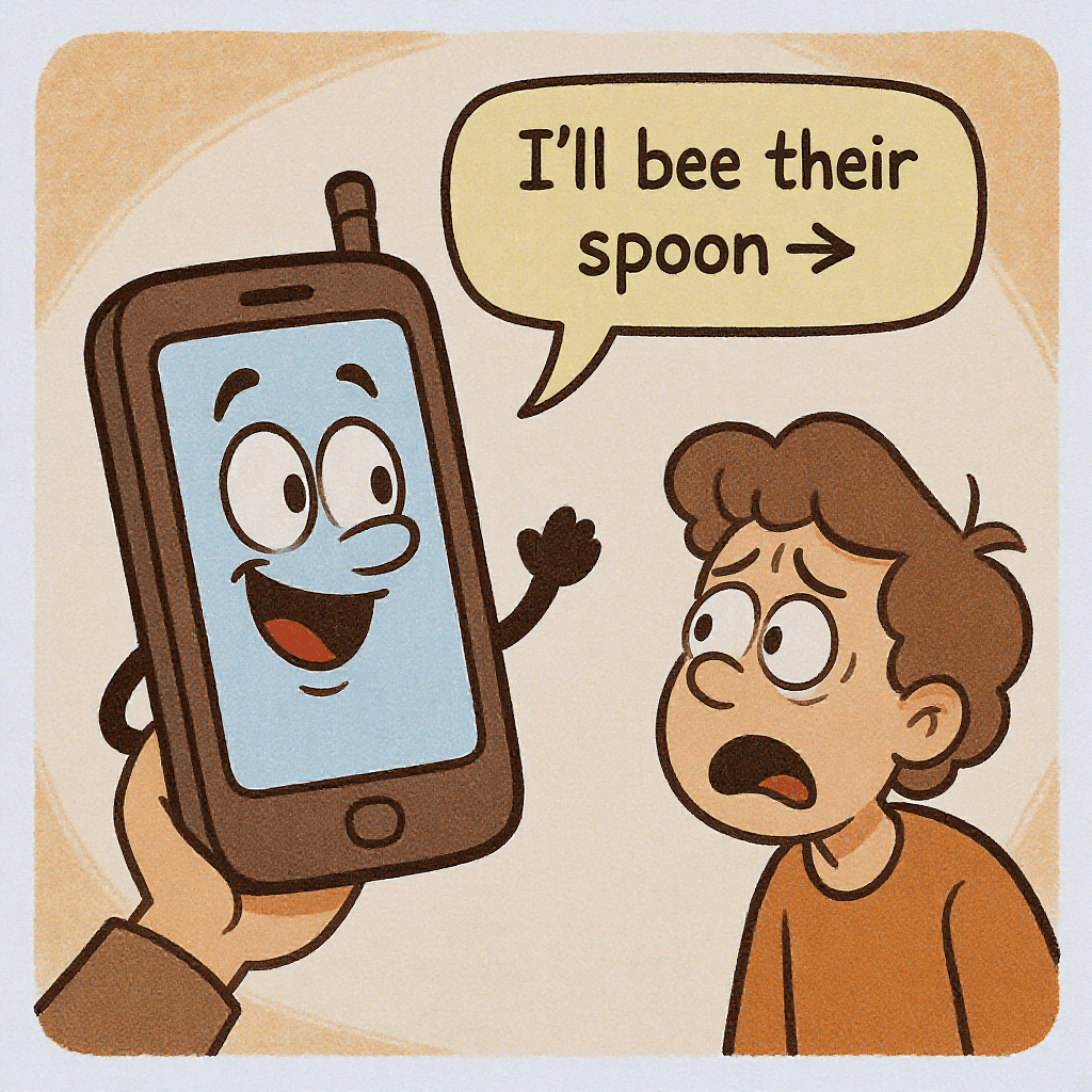 Cartoon phone making an autocorrect fail that says “I’ll bee their spoon,” showing NLP mistakes in everyday texting.
