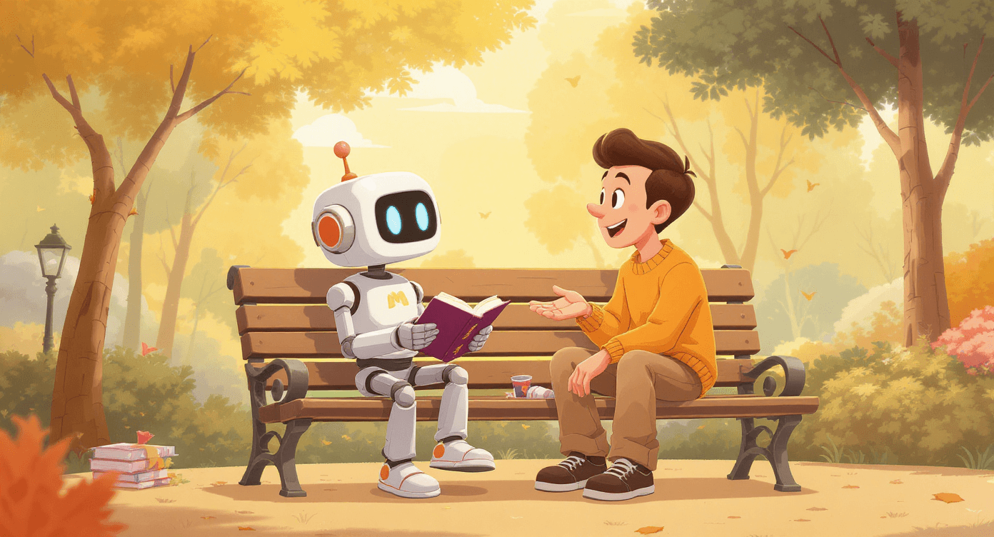 Cartoon robot struggling to understand human speech with a phrasebook, symbolising NLP learning to bridge the gap between people and machines