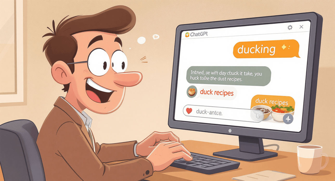 Cartoon showing ChatGPT misinterpreting text with autocorrect, representing NLP in action with funny AI language mistakes.