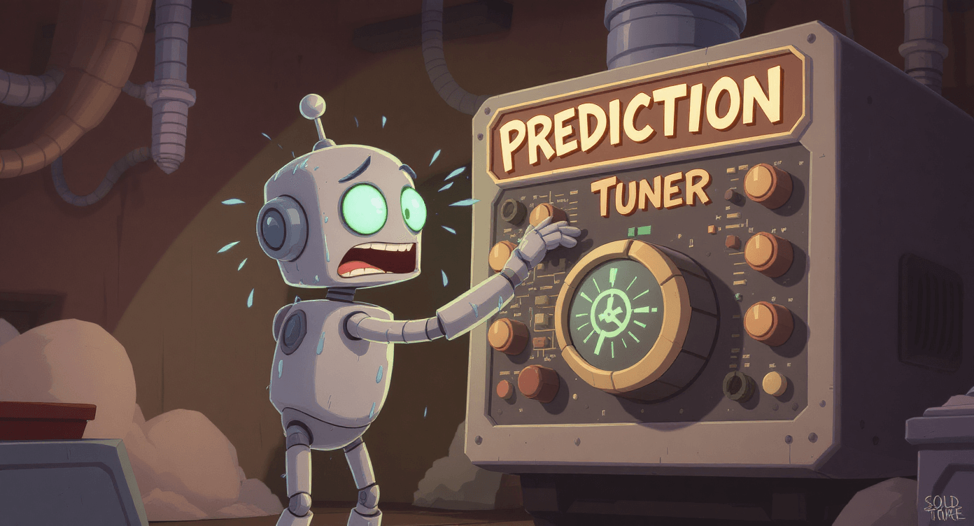 Robot tweaking a prediction machine, symbolising deep learning constantly adjusting its accuracy.