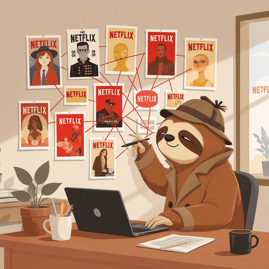 Cartoon detective sloth analysing film posters with detective-style string connections, representing deep learning analysing patterns for recommendations.