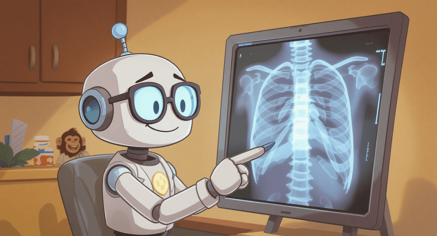 Cartoon robot doctor reading an X-ray, symbolising deep learning helping healthcare professionals with diagnosis.