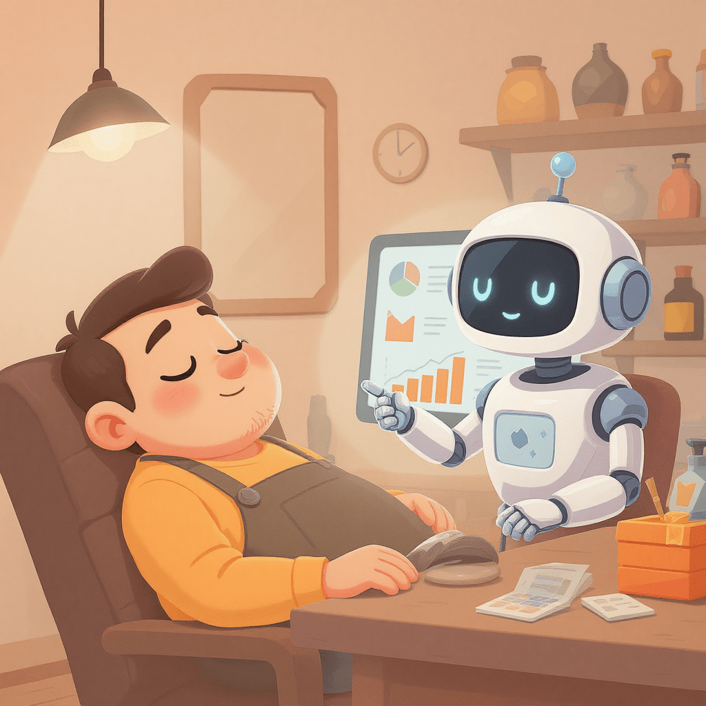 Robot analysing shop data while owner sleeps, showing deep learning for customer insights.