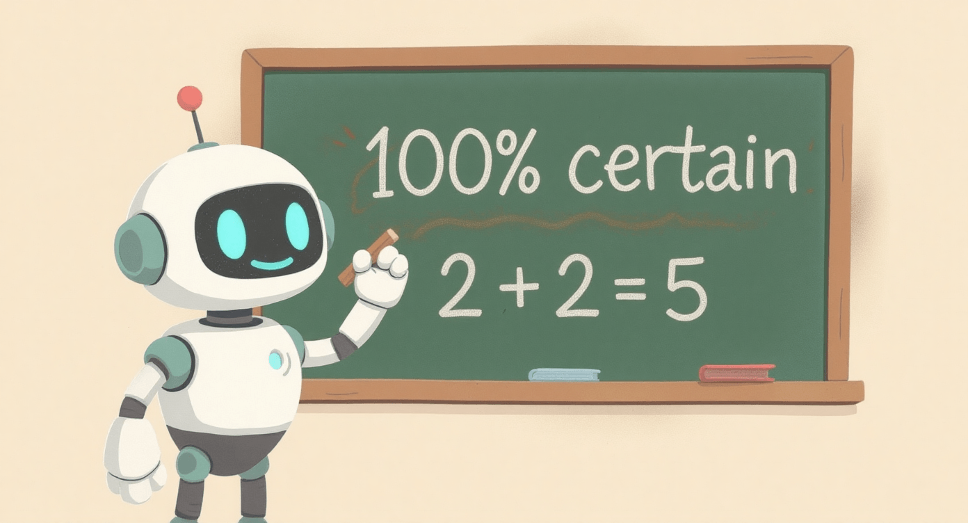 Cartoon robot confidently making the wrong prediction, symbolising deep learning being overconfident despite mistakes.