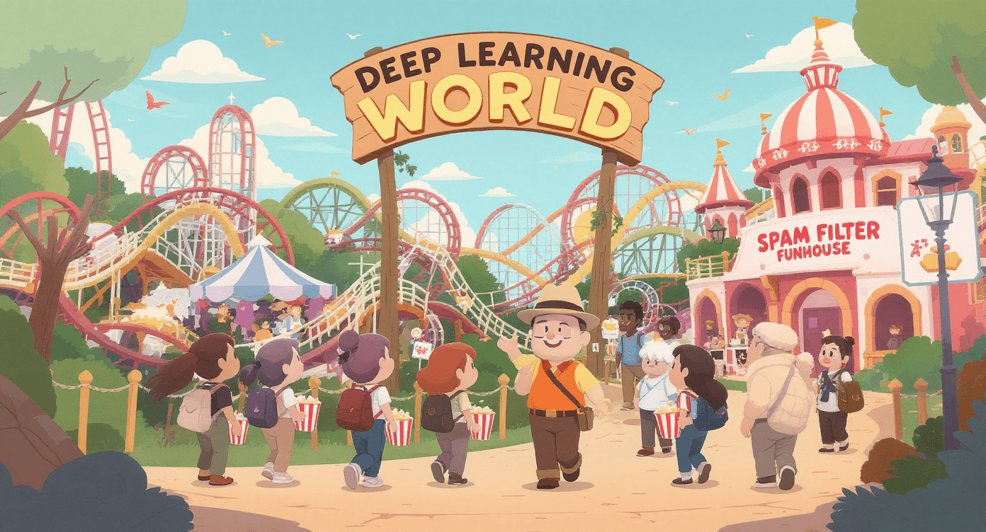Cartoon human tour guide showing humans funny rides like recommendation rollercoaster, symbolising beginners exploring deep learning in a playful way