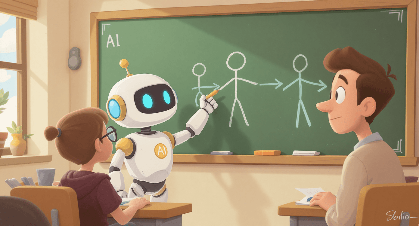 Cartoon robot teacher drawing simple diagrams, symbolising ChatGPT explaining complex ideas in plain English for beginners