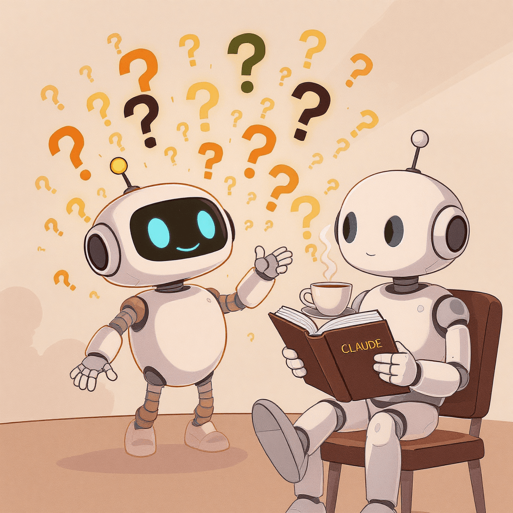 Cartoon showing ChatGPT juggling questions and Claude calmly analysing, representing beginner-friendly AI chatbots.