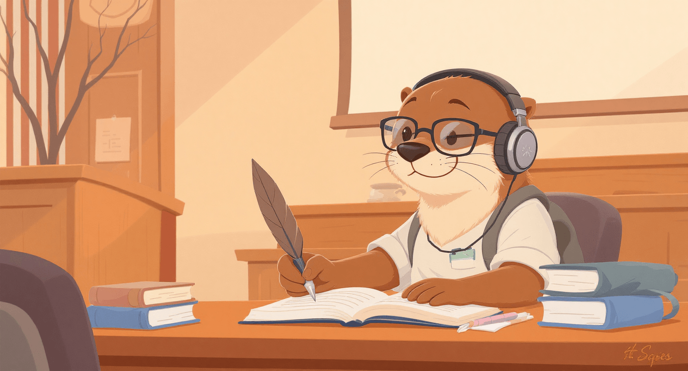 Cartoon Otter writing lecture notes, symbolising Otter.ai transcribing speech for beginners.