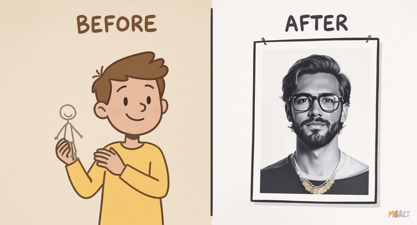Cartoon Canva AI fixing bad design with pro-looking layout, showing design tools for beginners.