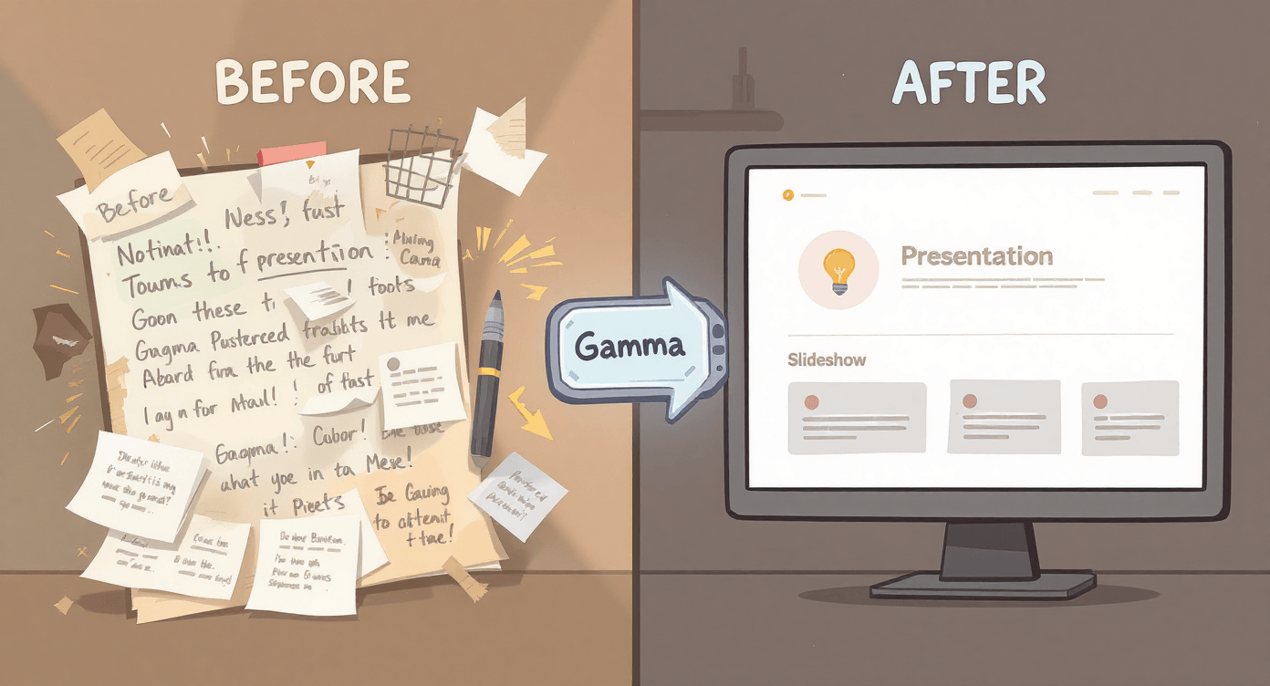 Cartoon Gamma tool turning messy notes into a professional slideshow, showing AI presentation toolsfor beginners.