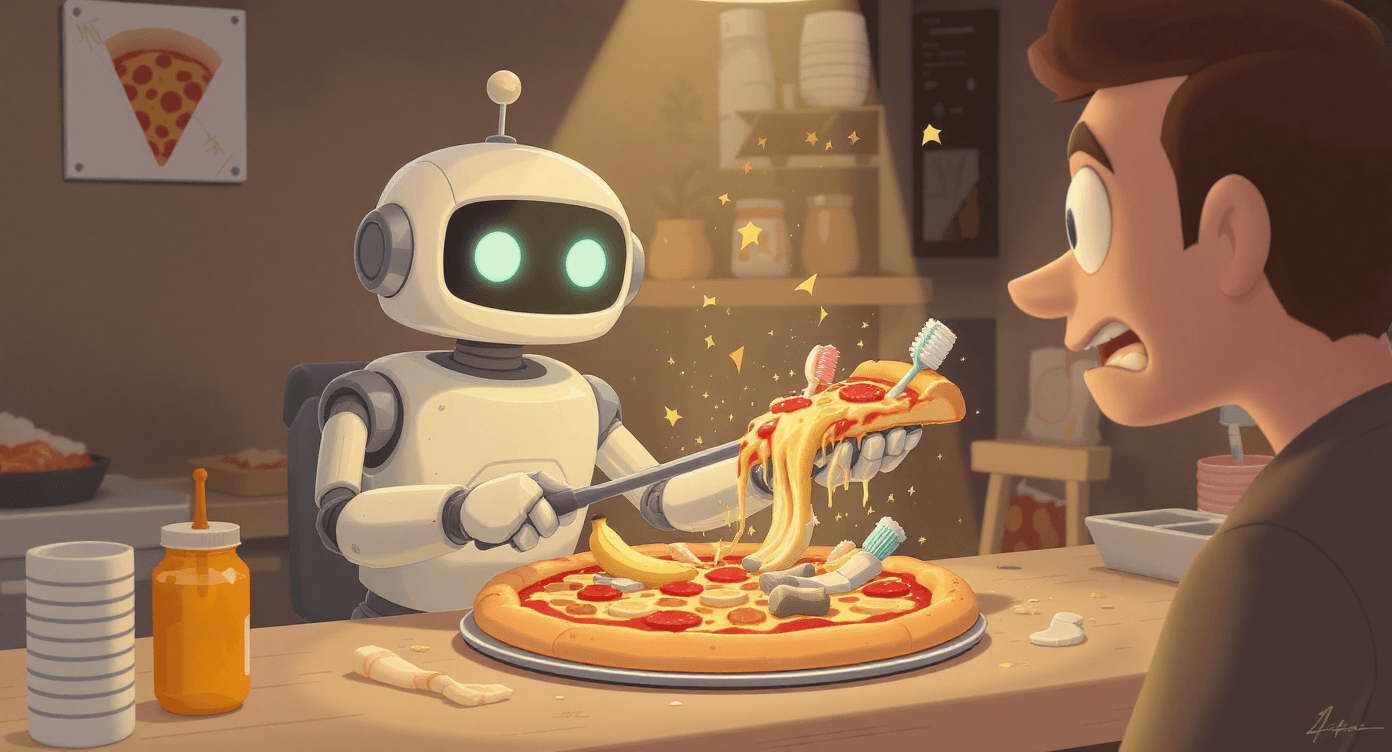 Cartoon robot serving a bizarre pizza with the wrong toppings, symbolising AI apps producing weird or unexpected results